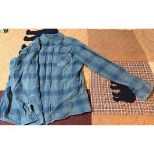 Fintech Mens Large Blue Teal Plaid Flannel‎ Button Down Shirt 100% Cotton L/G